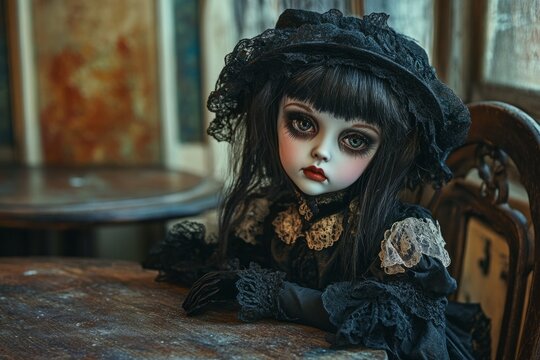 Gothic doll with black hair, wearing a black dress and bonnet, sitting at a wooden table in a vintage interior