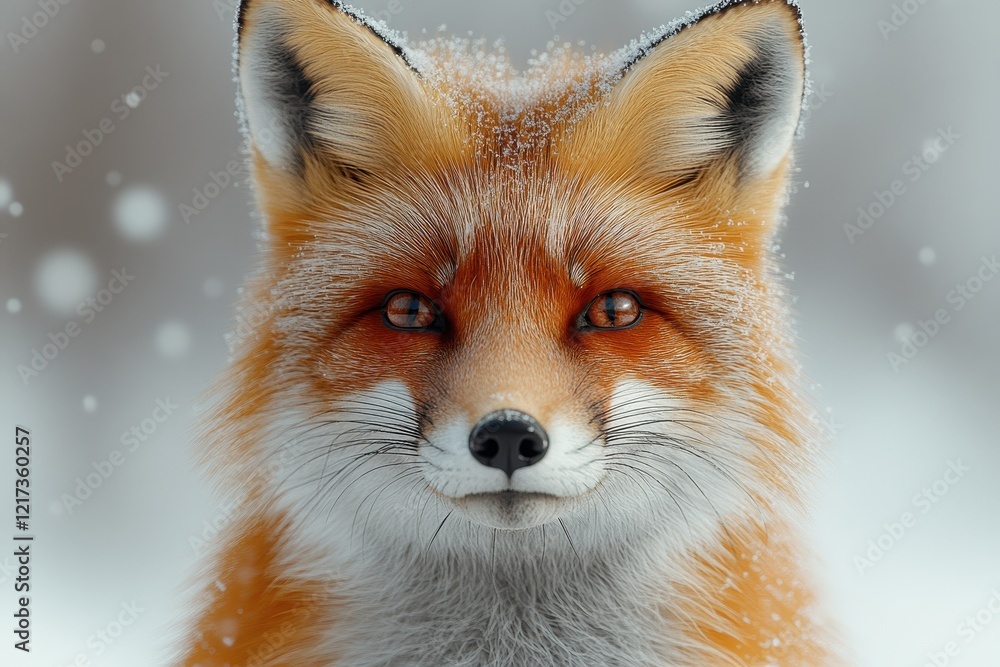 Poster a close-up of a smiling fox with snowflakes in a winter setting.