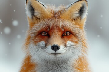 Obraz premium A close-up of a smiling fox with snowflakes in a winter setting.