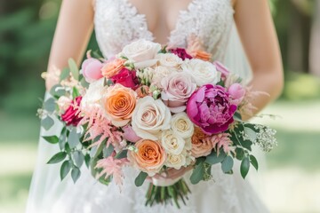 Naklejka premium Bride in white wedding dress holding a beautiful bouquet of colorful flowers including roses, peonies, and astilbe