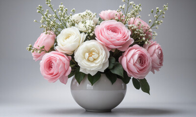 Glamorous Affair (Peonies Roses Baby’s Breath) elegant, round vase with soft pink water, holding a glamorous bouquet of