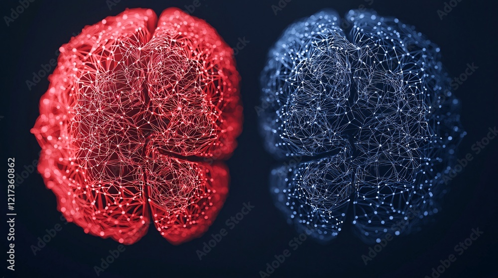 Poster the image depicts two stylized brain halves, one red and one blue, interconnected with glowing neura
