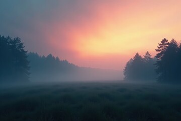 Fototapeta premium Mysterious foggy landscape at dawn with white light blur, abstract background, surreal, dawn
