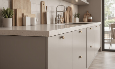 Mocha mousse cabinet latches with a clean matte finish and rounded gold details mounted on taupe kitchen cabinets. The cabinets