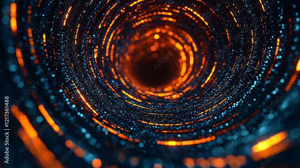 Poster a mesmerizing tunnel of glowing particles, blending orange and blue hues, creating a sense of depth 