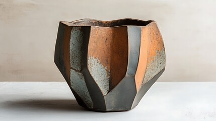 A hexagonal pot with overlapping panels in contrasting tones