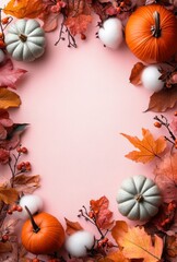 Vibrant Autumn Harvest Arrangement with Pumpkins, Cotton, and Colorful Leaves on a Soft Pink Background for Seasonal Celebrations and Festive Decor