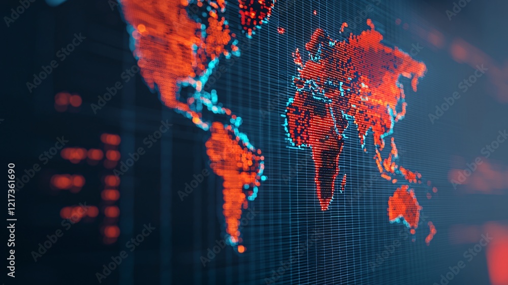 Poster a digital map representation highlighting continents in bright colors against a dark background, rep