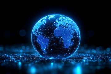 A blue holographic globe on a dark background