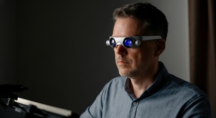 Obraz premium Man wearing glasses is looking at a keyboard