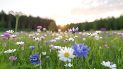 Obraz premium breathtaking wildflower meadow at sunset with colorful blossoms and lush green grass