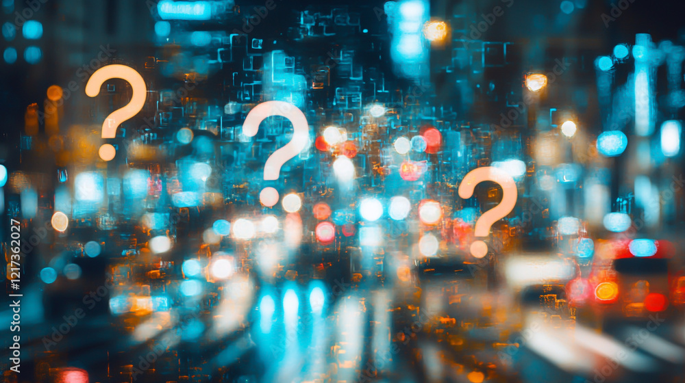 Poster blend of question marks and blurred city lights, creating a captivating visual representation of int