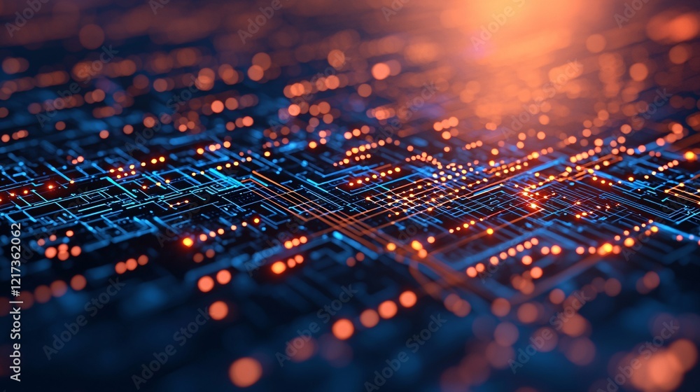 Poster a vibrant, close-up view of a circuit board with glowing lines and nodes, showcasing technology's in