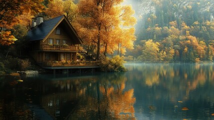 Fototapeta premium Autumnal Lakeside Cabin Retreat: A Serene Escape in Golden Hues