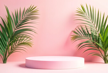 Obraz premium Pastel pink round podium on pink background with leaves for beauty product design.
