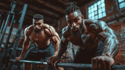 Two muscular men with beards lift a barbell in an old brick gym setting for a weightlifting workout