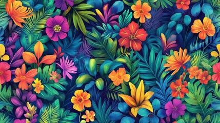 A colorful painting of a tropical forest with many different types of flowers