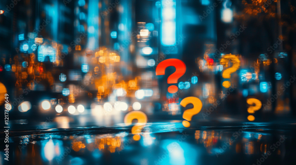 Poster blend of question marks and blurred city lights, creating a captivating visual representation of int