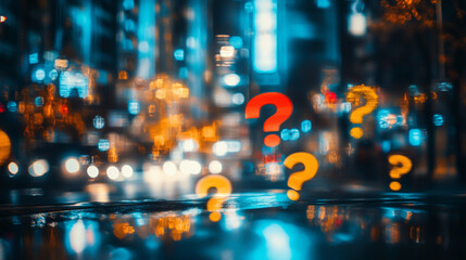 Fototapeta premium blend of question marks and blurred city lights, creating a captivating visual representation of intersection between modern technology and urban life cinematic view.