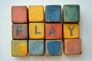 Twelve colorful children's blocks spelling the word play promoting fun and learning