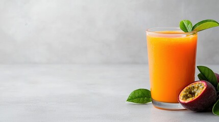 Fototapeta premium Glass of orange juice beside half a passion fruit and passion fruit pulp in a clear glass container