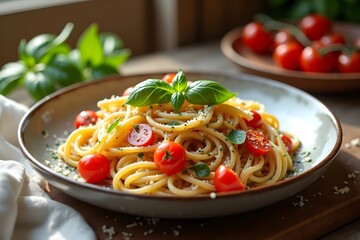 Spaghetti with tomato sauce and basil