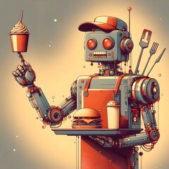 Working robot food service fast-food automated, AI, artificial intelligence at work