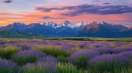 Obraz premium A vibrant lavender field stretches across the foreground,