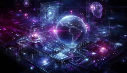 Technology Artificial intelligence, high-tech worldcircuits virtual cloud computing, background in purple and blue