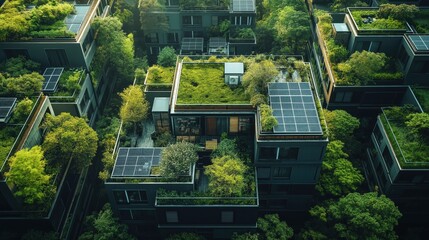 A row of houses with green roofs and trees on top