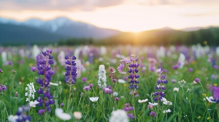 Fototapeta premium serene wildflower meadow at sunset with majestic mountains in background