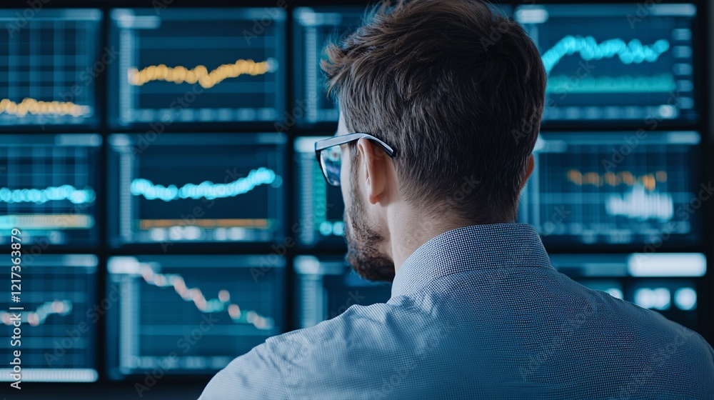 Poster a person analyzes financial graphs on multiple screens, focusing on market trends and data for infor