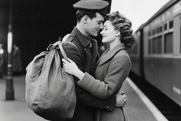 Vintage black-and-white photograph of a 1940s couple embracing at a train station during wartime.