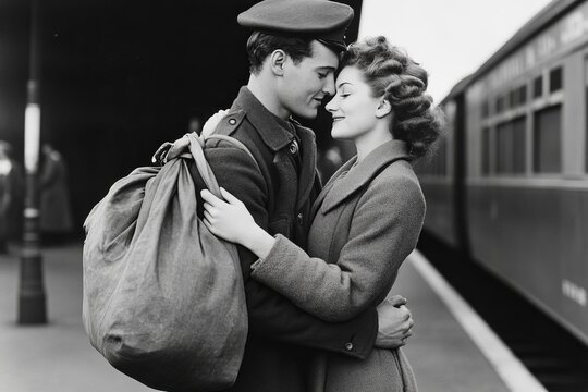 Vintage black-and-white photograph of a 1940s couple embracing at a train station during wartime.