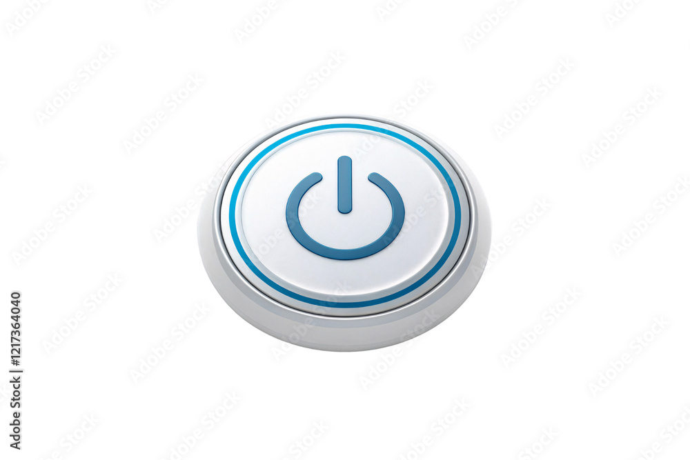 Poster a minimalist power button design featuring a clean, metallic surface with a bold blue power symbol f