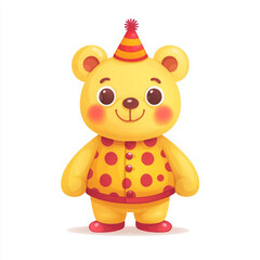 Cute cartoon bear wearing party hat and polka dot outfit, cheerful expression