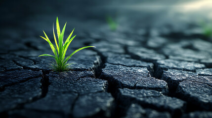 A small green grass sprout, pushing through the cracked black soil. 