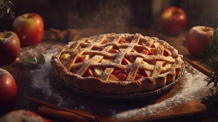 Homemade Rustic Apple Pie with Lattice Crust and Autumn Accents