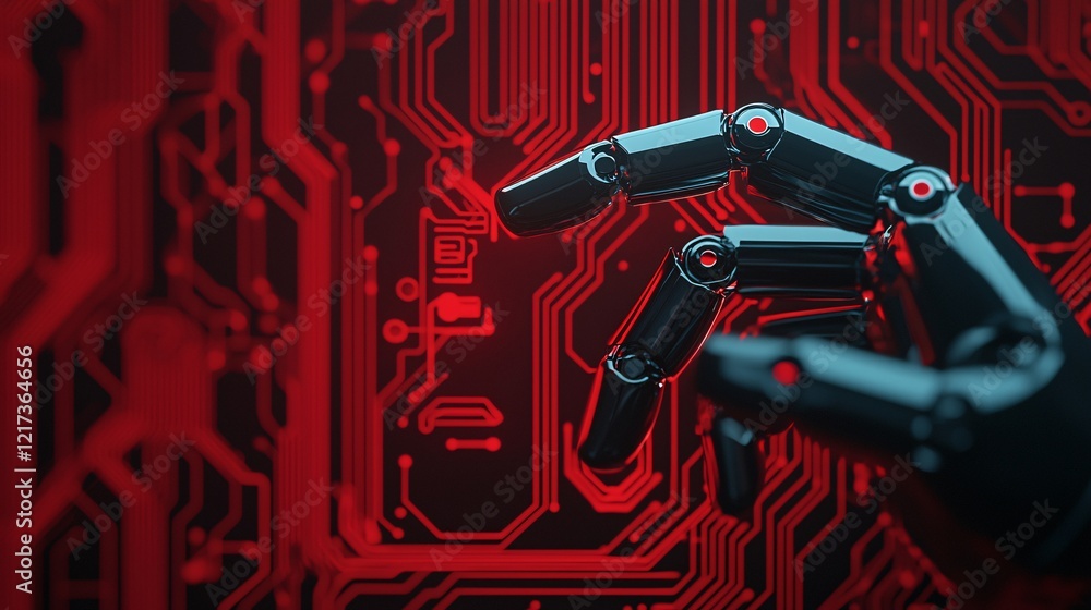 Poster a robotic hand hovers over a circuit board, featuring intricate patterns and a vibrant red backgroun