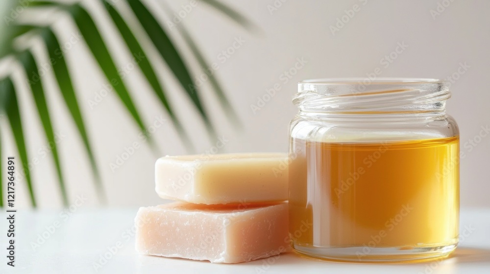 Poster glass jar filled with a golden-colored liquid, which appears to be honey or honeycomb. next to the j