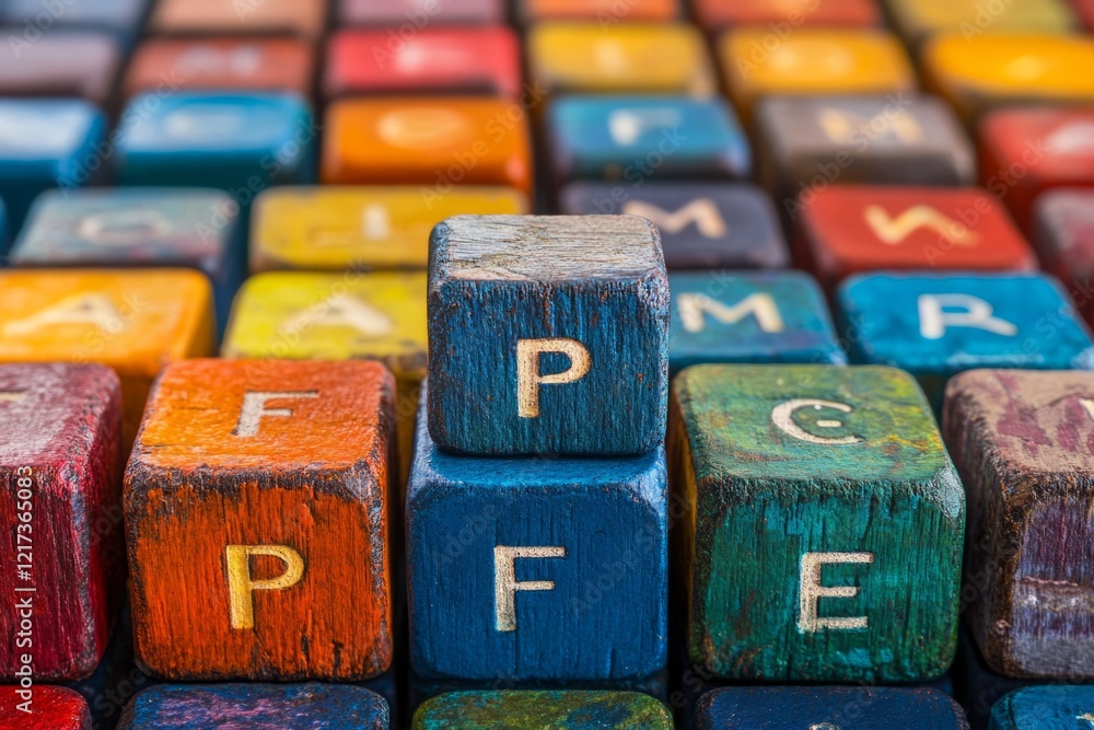 Poster colorful wooden alphabet blocks with the letter p in focus, creating an abstract and playful composi