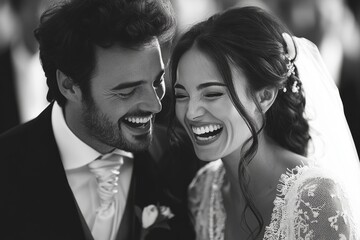 Bride and groom laughing together on their wedding day, black and white photo © Michael