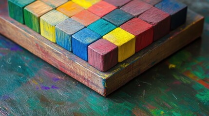 A colorful arrangement of small, rectangular wooden blocks,