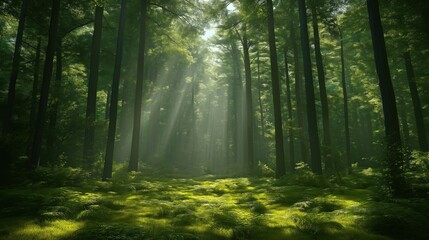 A forest with sunlight shining through the trees