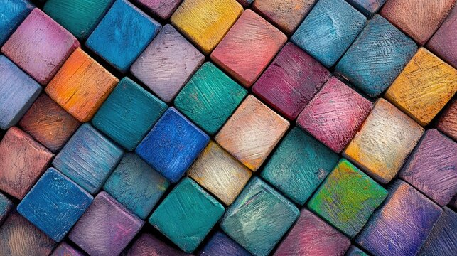 A colorful arrangement of small, rectangular wooden blocks,