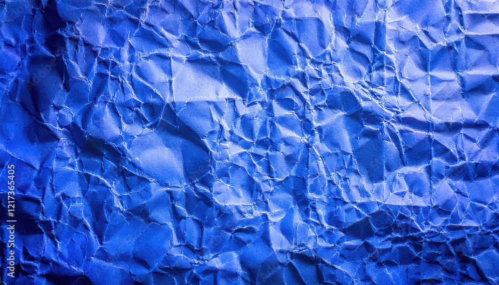 Poster textured close-up of crumpled blue paper with intricate folds and shadows, ideal for background, des