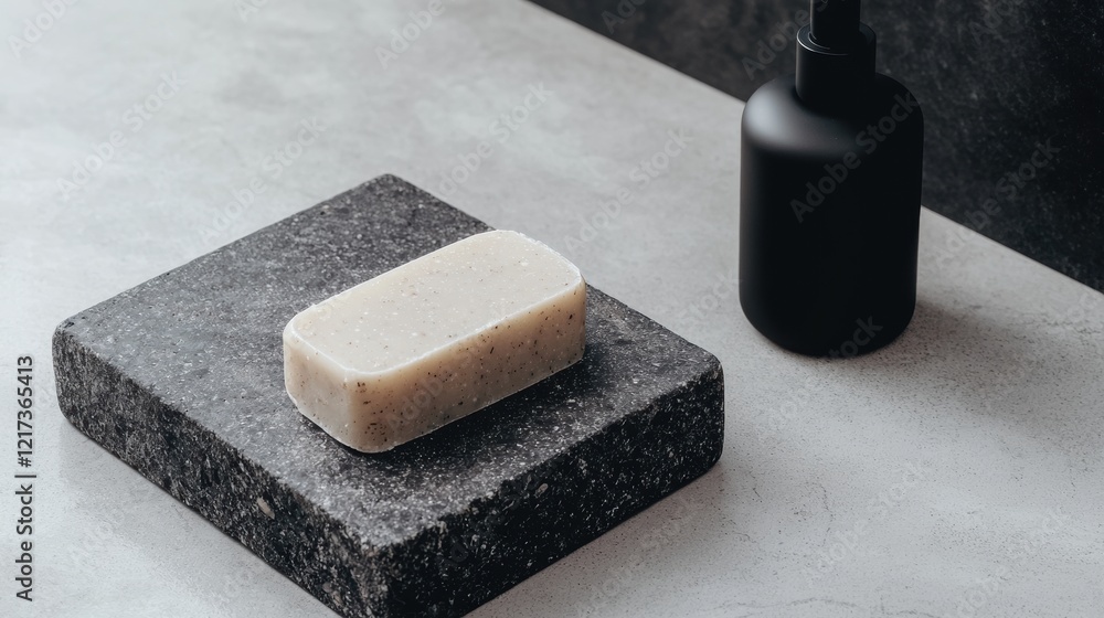 Poster rectangular soap dish with a bar of soap on it. the soap dish is made of a dark grey stone with spec