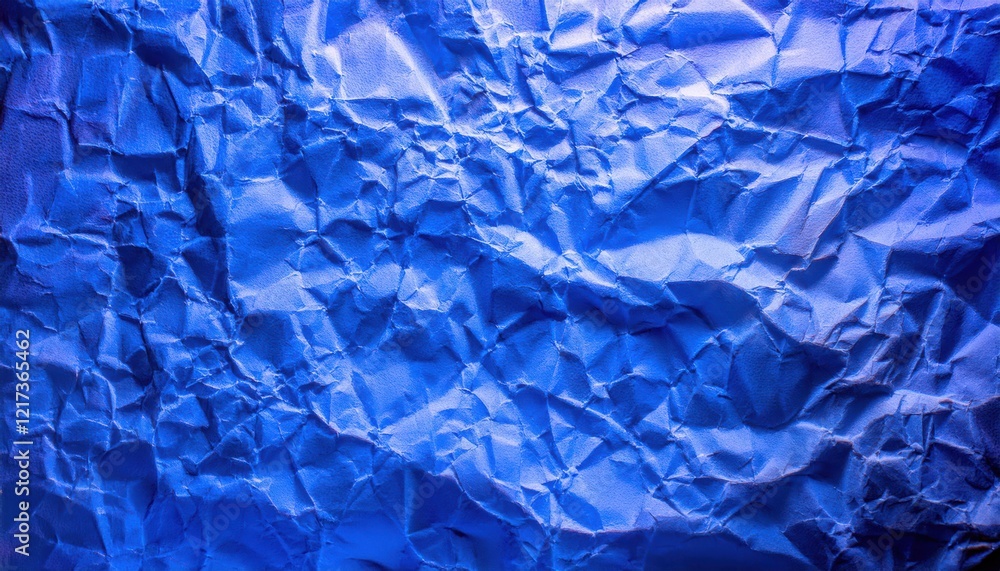 Poster textured close-up of crumpled blue paper with intricate folds and shadows, ideal for background, des