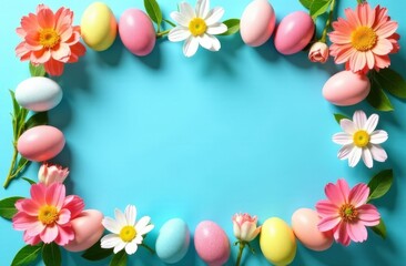 Obraz premium Easter Eggs is a beautiful light Easter layout with eggs, cherry blossoms and on a pastel blue background. view from above. a place to copy. flat layout. place for the text