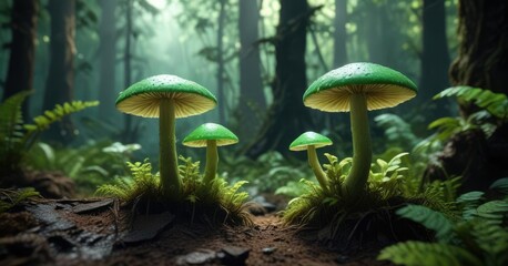Fototapeta premium Glowing green mushrooms in a tropical rainforest, glowing caps, rainforest, bioluminescent
